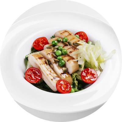 Кальмар на гриле с зеленым салатом