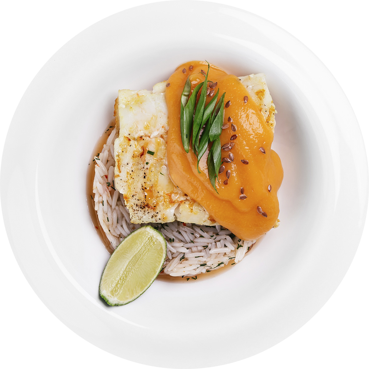 Рис басмати с запеченной треской и овощным соусом